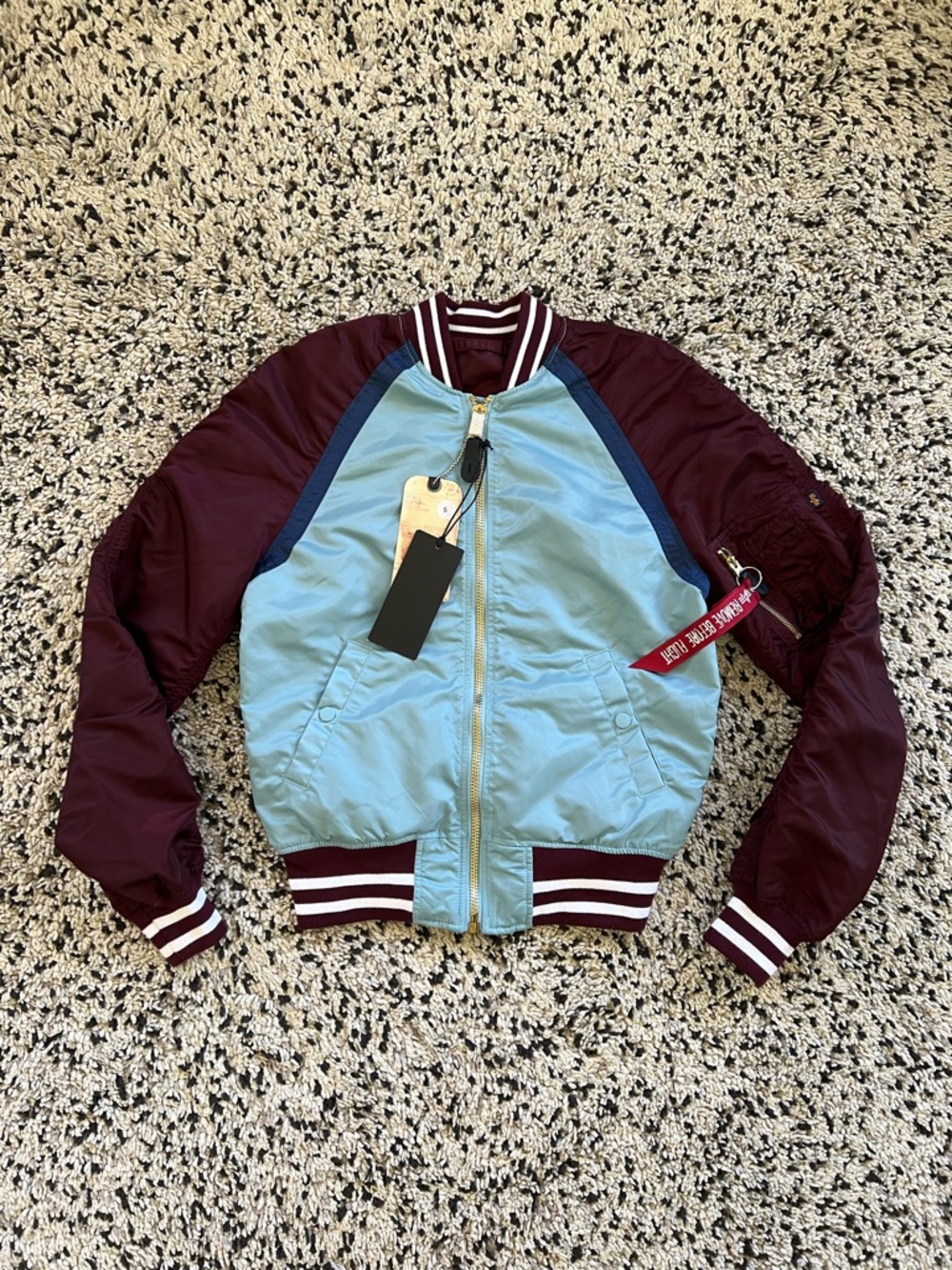 Alpha Industries Light Blue and Burgundy Bomber Jacket